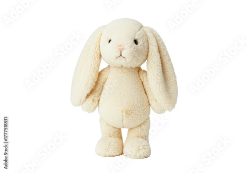 Isolated beige plush rabbit toy standing upright, soft cream-colored fuzzy stuffed bunny