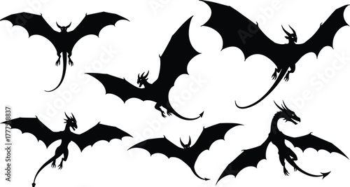 Dragon silhouettes, flying poses, standing dragons, mythical creature design, fantasy illustration, wings, claws, horns, tail, powerful beast, legend art