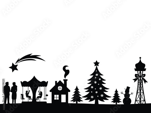 A silhouette of a winter village scene with a carousel and Christmas trees.