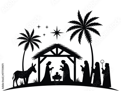 Silhouette of a nativity scene with figures, a donkey, and palm trees under a starry sky.