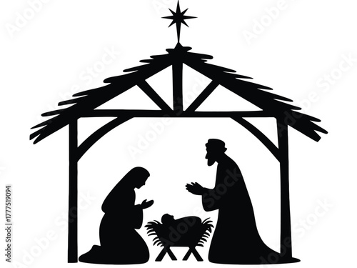Silhouette of the Nativity scene inside a stable with Mary, Joseph, and baby Jesus.