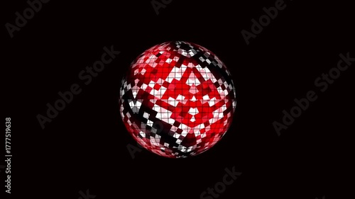 Red mosaic digital sphere turning on black background, futuristic 3D animation design.