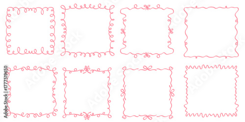 Set of square hand drawn coquette frames with wavy lines, ribbons and bows. Curvy vintage whimsical borders. Great for wedding invitations, birthday card, prints.