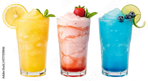 Three colorful frozen slushy drinks in yellow, pink, and blue, garnished with fruit and mint, isolated on transparent background