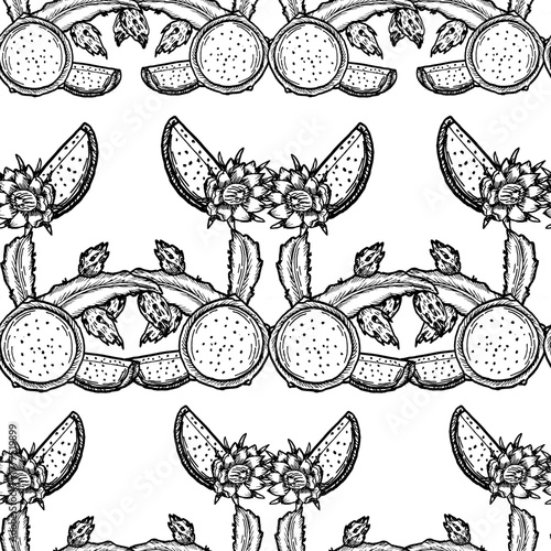 Outline pitaya seamless pattern. Dragon fruit background. Tropical fruit summer pattern for wrapping, textile, fabric, coloring pages. Fresh food background.