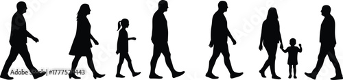 Human life silhouettes, walking poses, age progression, childhood to adulthood, family, growth, generational concept, timeline, aging, development, journey