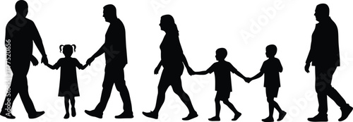 Human life silhouettes, age progression, walking poses, childhood to old age, family, growth, timeline, generational concept, evolution, aging stages