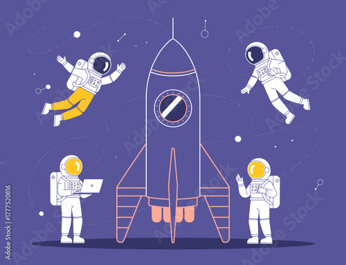 This whimsical illustration features four astronauts around a rocket, showcasing a blend of exploration, joy, and the adventure of space travel in a colorful universe.