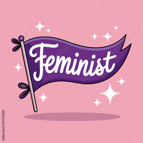 A striking purple flag displaying the word 'Feminist' elegantly, featuring sparkles and a smooth design against a soft pink background, symbolizing empowerment and unity.