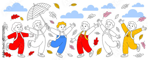 Cheerful children dressed in colorful outfits joyfully running and playing amidst falling autumn leaves, embodying the spirit of childhood and carefree joy in nature.