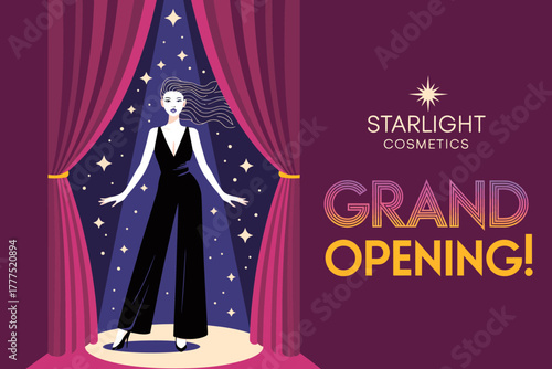An elegant illustration spotlighting a mysterious figure in glamorous attire, set against a starry backdrop, capturing the excitement of a cosmetics grand opening event.