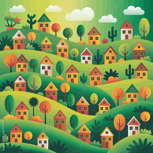 A picturesque view of a vibrant hilltop village filled with colorful houses, lush greenery, and a variety of trees, creating a delightful landscape in every direction.