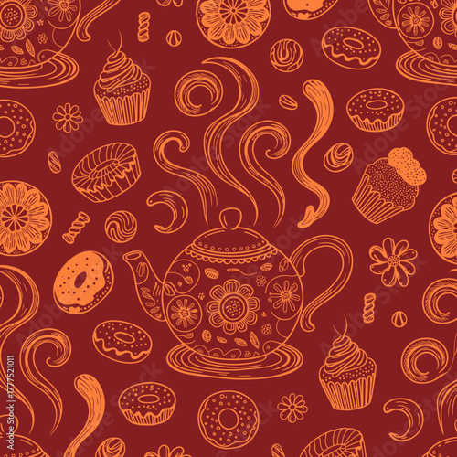 An inviting collection of delightful sweets and a beautifully designed teapot, perfect for an enjoyable afternoon tea experience filled with warmth and comfort.