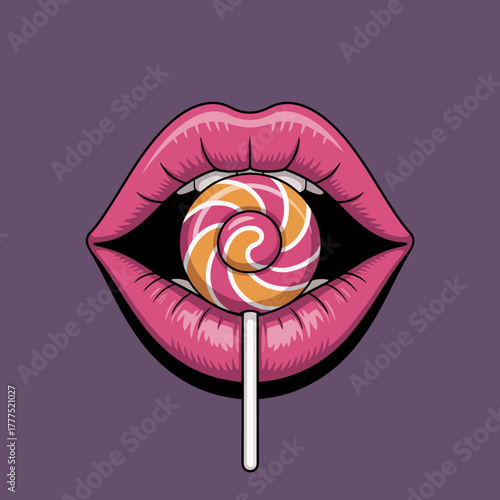 This whimsical illustration features colorful lips holding a spiral lollipop, juxtaposing sweetness with a bold expression reminiscent of playful and youthful energy.