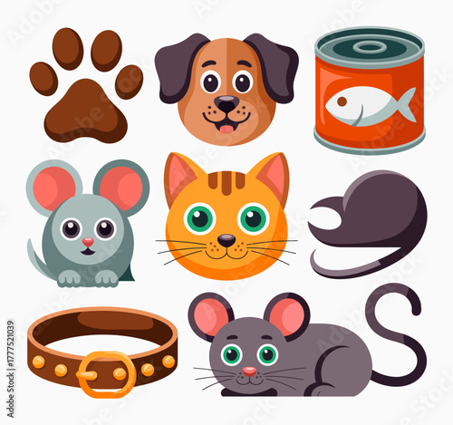 A vibrant collection of cartoon-style pets including a dog, cat, and mouse, accompanied by their favorite toys and food, perfect for animal lovers and kids.