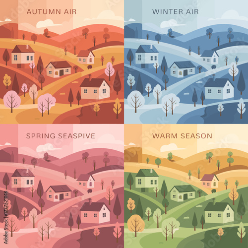 The image showcases a beautifully stylized seasonal landscape depicting the vibrant colors of autumn and the serene coolness of winter with charming houses throughout.