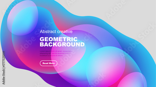 Abstract fluid shapes overlap, creating vibrant geometric background. Text present, button visible. Modern design elements dominate composition.