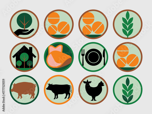 A vibrant collection of food and agriculture icons showcasing various elements such as fruits, vegetables, and livestock, emphasizing healthy living and sustainability.