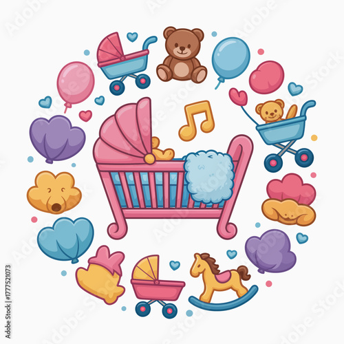 This delightful image features a charming baby crib surrounded by colorful toys, balloons, and love symbols, capturing the essence of childhood joy.