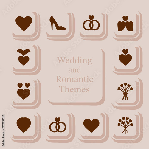 A collection of stylish wedding and romantic-themed icons including hearts, wedding rings, shoes, and bouquets, perfect for invitations or event designs.