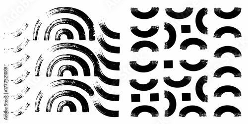 Abstract black and white brush stroke shapes and geometric patterns on a white background