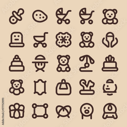A delightful assortment of playful baby and child-themed icons featuring toys, strollers, and teddy bears, perfect for products aimed at parents and children.