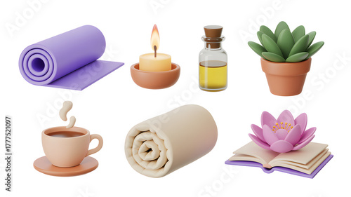 Yoga and Meditation 3D Icons Mat Candle Oil Plant Coffee Towel Lotus