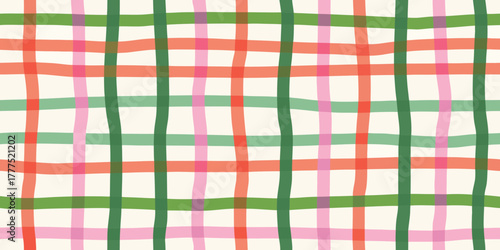 Charming hand drawn plaid pattern with green pink and coral stripes on a cream background