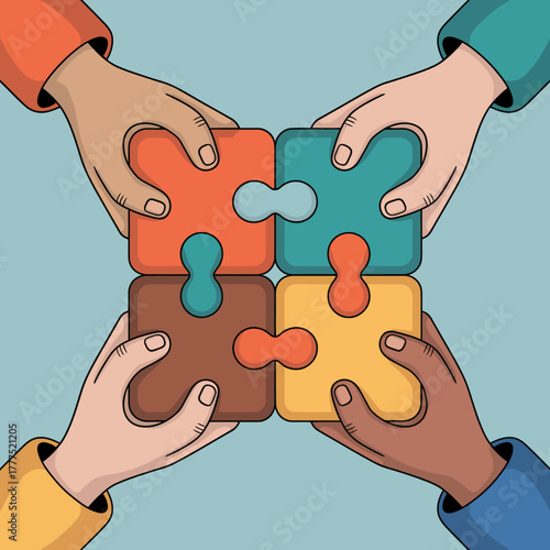 This image showcases hands fitting together colorful puzzle pieces, symbolizing collaboration, unity, and the importance of coming together in harmony for a common goal.