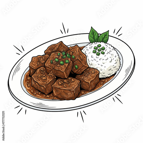 Savory Braised Meat and Rice Plate Asian Cuisine Hand Drawn Illustration