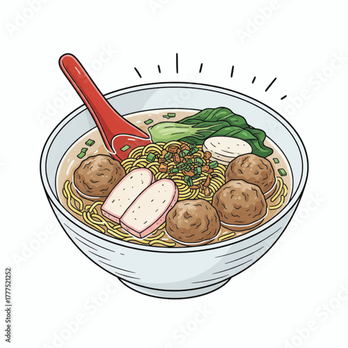 Delicious Indonesian Bakso Meatball Soup with Noodles and Vegetables Illustration
