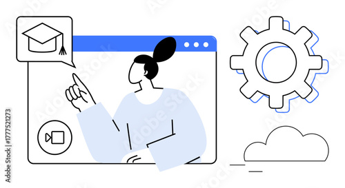 Woman gestures toward a graduation cap icon on a browser window, accompanied by a settings cogwheel and cloud. Ideal for education, e-learning, technology, empowerment, innovation, cloud computing