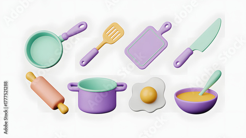 Cookware and Utensils in 3D Render Style Frying Pan Spatula Knife Pot Spoon