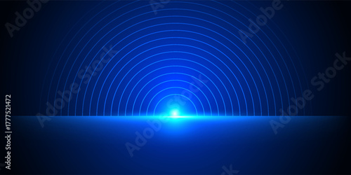 Vector illustration blue light ray, studio scene for luxury poster, template premium award design. Abstract elegant dark blue, glow glitter, lighting effect sparkle on black background