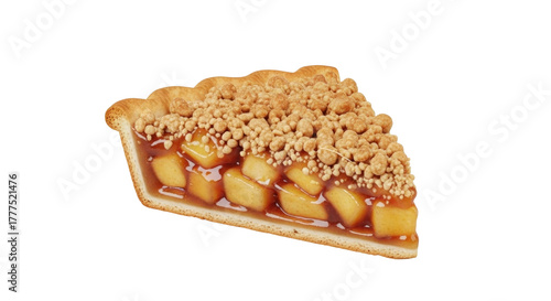 Isolated slice of apple crumble pie with caramel filling against a neutral background