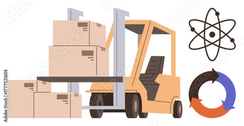 Forklift transporting stacked boxes, atom structure symbolizing science, and recycling arrows depicting sustainability. Ideal for logistics, technology, science, recycling, eco-efficiency, shipping
