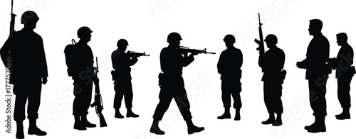 Military formation silhouette, soldier briefing vector, armed personnel, rifle pose, civilian interaction, black icon, minimal design, tactical scene
