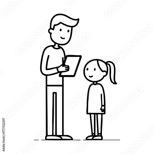 Father standing with daughter while using tablet, depicting family technology interaction, education, and modern parenting.