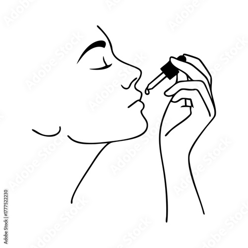 Side profile of a woman applying skincare serum with a dropper, representing beauty routine, self-care, and skincare treatment.