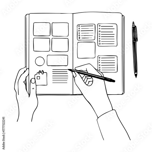 Top view of hands writing in an open bullet journal, representing productivity, goal setting, and creative planning for personal or professional organization.