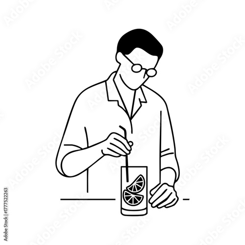 Man mixing a refreshing mocktail with citrus slices, representing summer drinks, healthy lifestyle, and home beverage preparation.