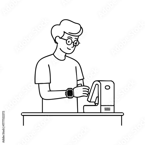 Man paying with smartwatch at a checkout counter, representing contactless payment, modern technology, and cashless lifestyle.