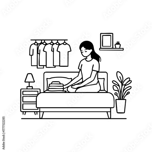 Woman organizing neatly folded clothes on bed in a cozy bedroom, symbolizing minimalism, order, and home organization.