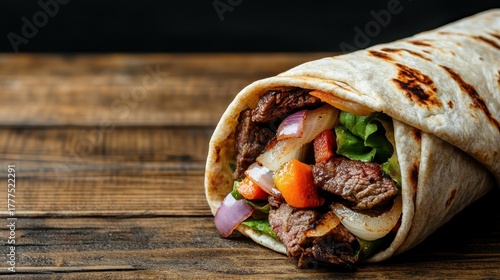 Close up of a meat and vegetable wrap with grilled tortilla on wooden planks