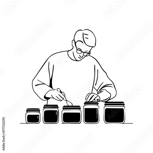 Man portioning meal prep into glass containers, promoting healthy eating, organization, and sustainability in daily nutrition.