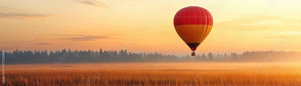 Fototapeta premium Red and yellow hot air balloon floats over a foggy field and distant forest at sunrise