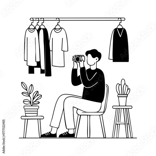 Young man photographing clothes for resale in a home studio, illustrating secondhand fashion, e-commerce, and online thrift culture.