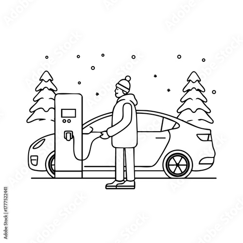 Man charging an electric car in winter forest, representing sustainable mobility, EV charging, and eco friendly transportation.