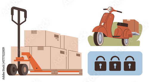 Pallet jack carrying stacked boxes, scooter for local delivery, and three lock icons signifying security. Ideal for logistics, shipping, online retail, delivery services, warehousing, safety global