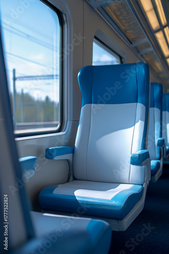 Empty train carriage interior with blue and white seats and view of passing landscape through window